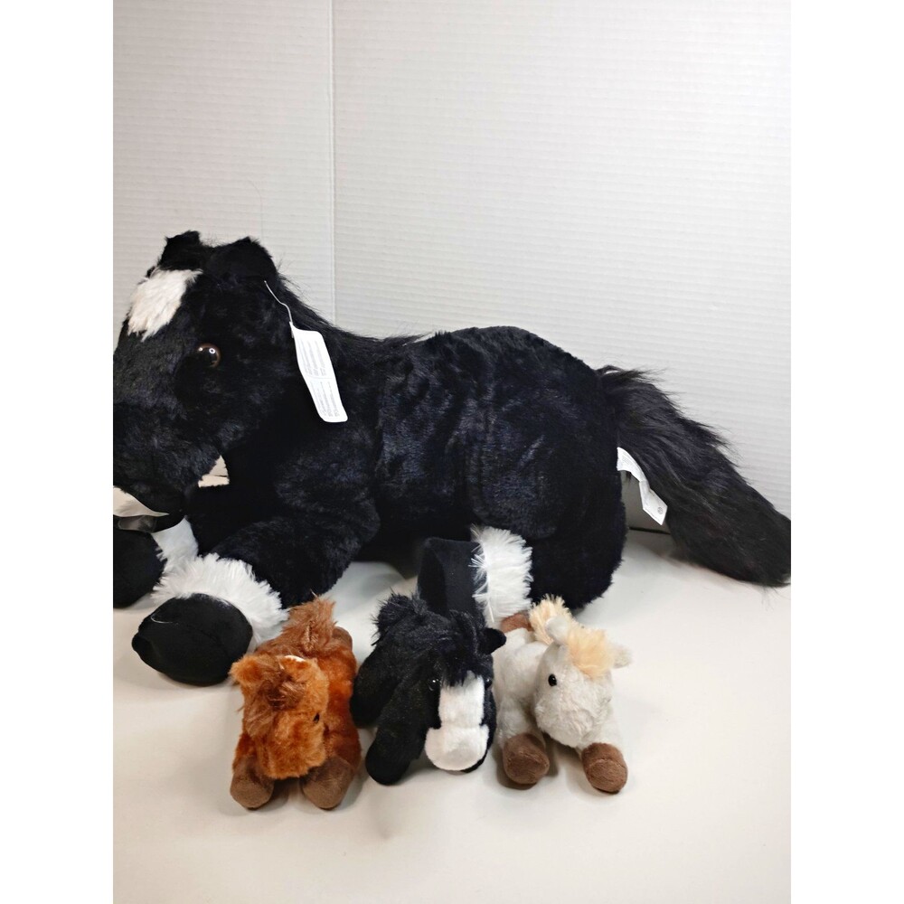 Large Black & White Plush Horse w/ 3 Small Horses Lot, Zippered, Age 3+